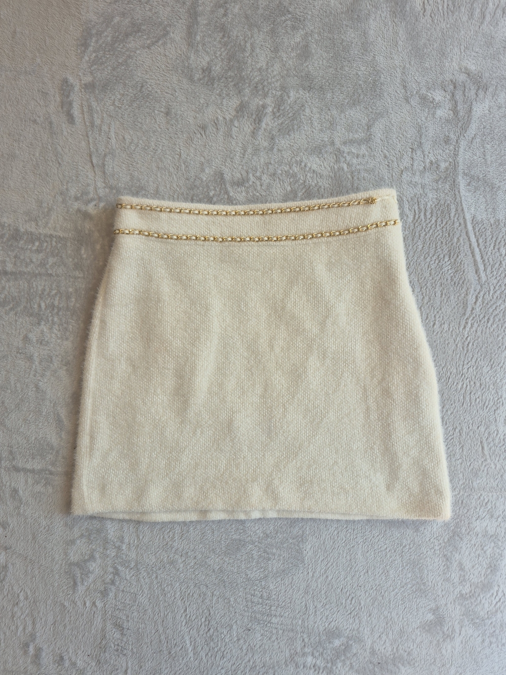 Cream Knit Mini Skirt with Gold Trim
